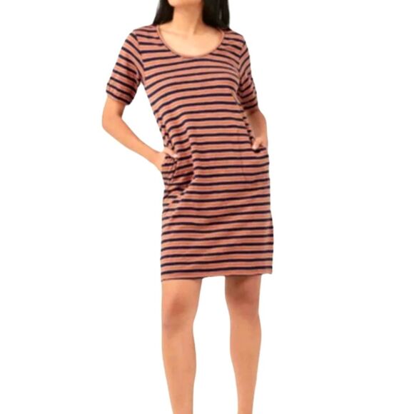 pact Dress‎ Avery Harvest Stripe Navy Blue Orange Organic Cotton Pockets Short S - Picture 16 of 16